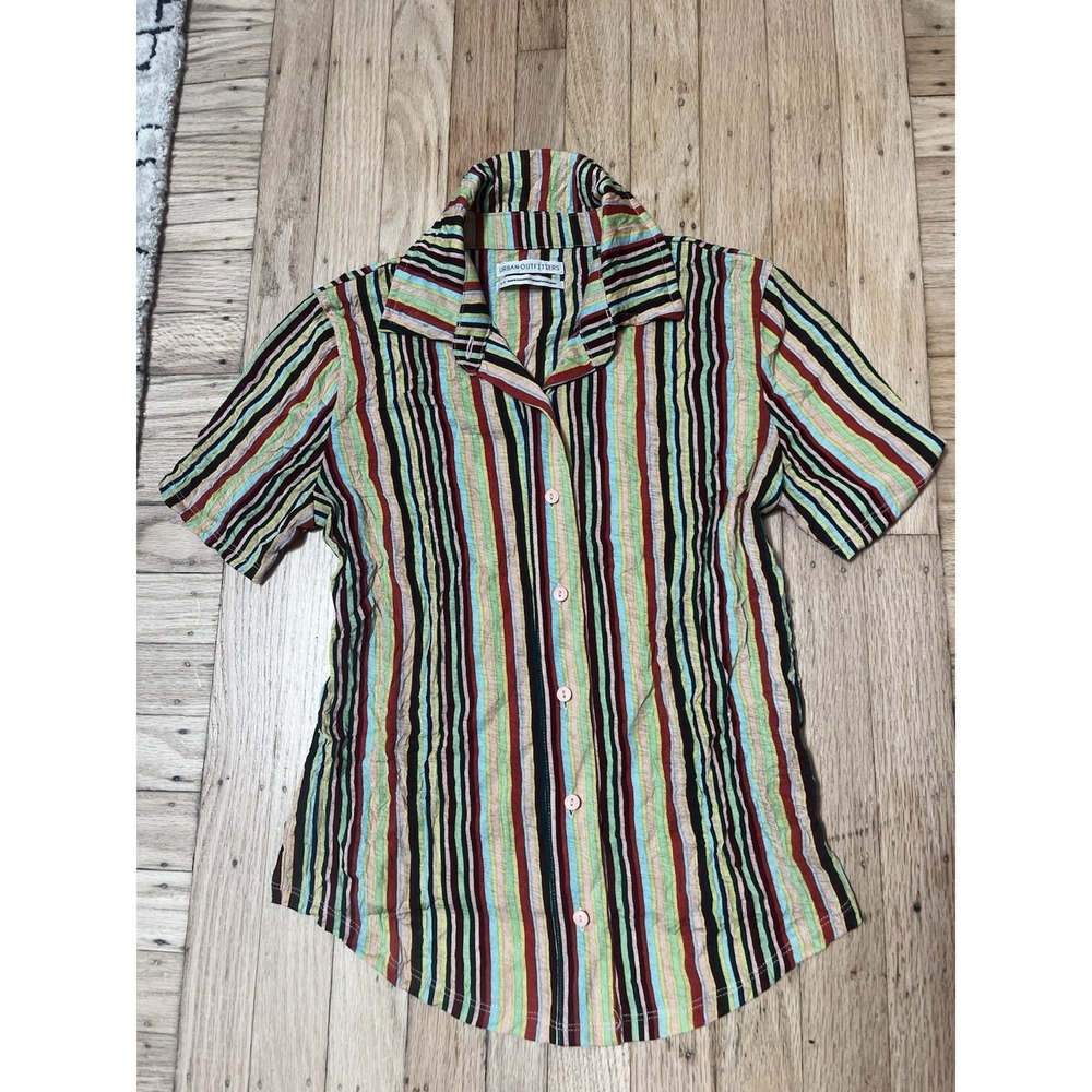 Urban Outfitters Women Crinkle Striped Stretch Button Up Shirt Multi-Color Small